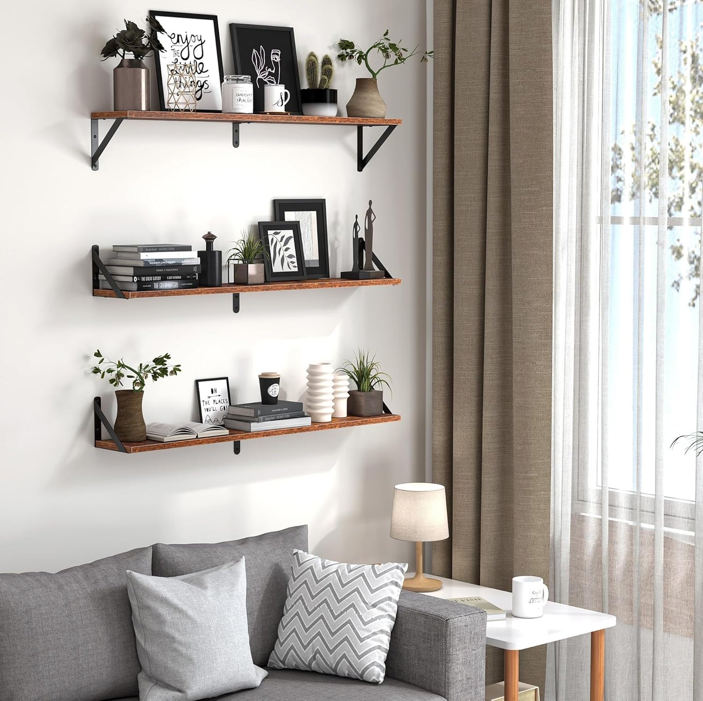 Heimlove Floating Shelves for Wall, 36 Inch Long Wood Floating Bookshelf Set of 3, Wall Mounted Hanging Shelf for Bathroom Bedroom Kitchen, Rustic Brown