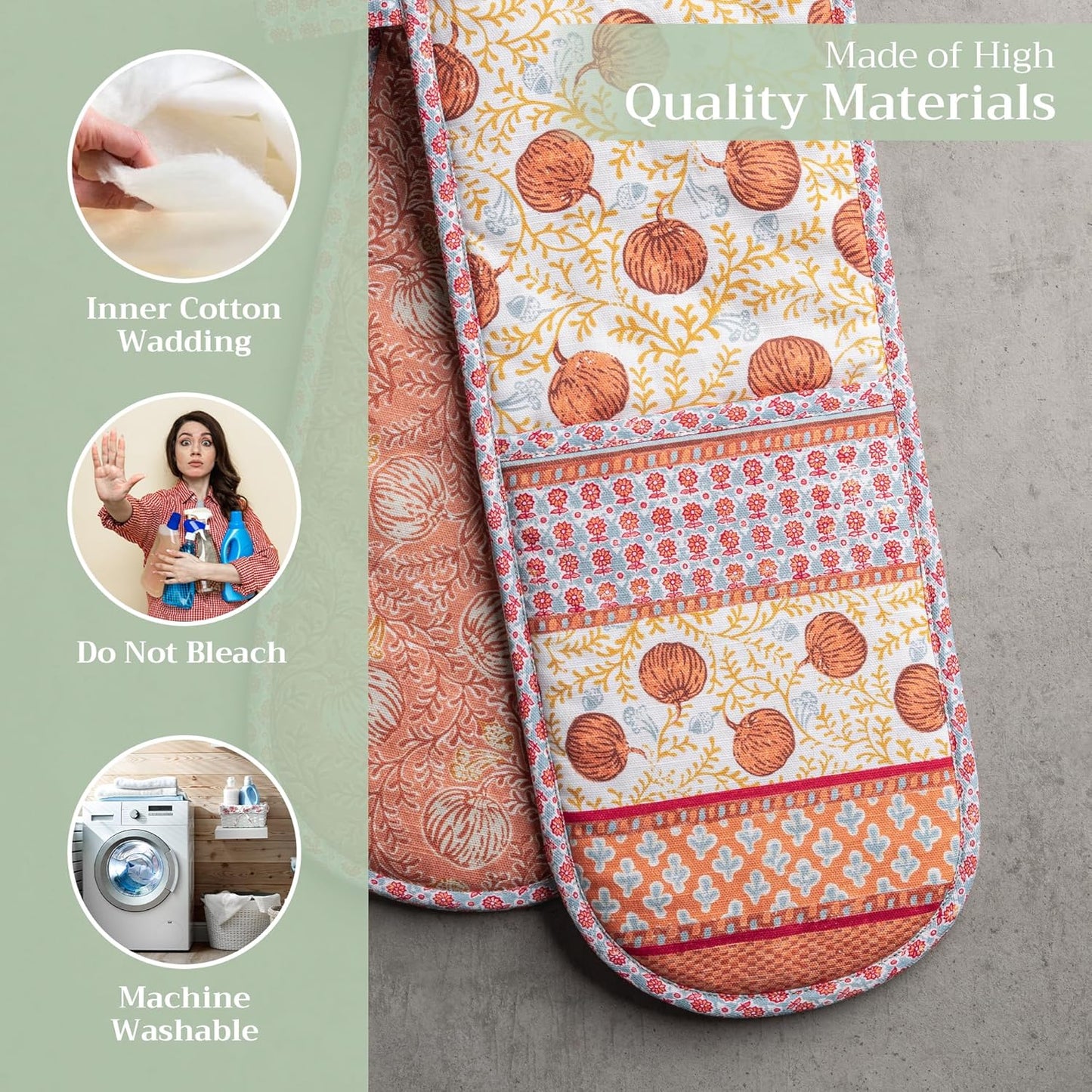 Maison d' Hermine Double Oven Mitts 100% Cotton 7"x35" Double Oven Mitt Heat Resistant BBQ Cooking Gloves with Loop, Baking, Grilling, Home, Kitchen, Handling Hot Pans (Harvest Festival)